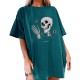 T-shirt manches mi-longues pour femme avec motif de crâne squelette et coeur vert
