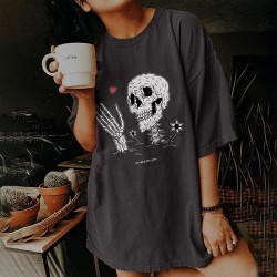 T-shirt manches mi-longues pour femme avec motif de crâne squelette et coeur gris
