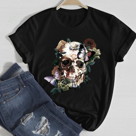 T-shirt à manches courtes pour femmes impression tête de mort et fleur noir
