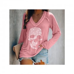 T-shirt à manches longues et col en v pour femme motif crâne strass rose