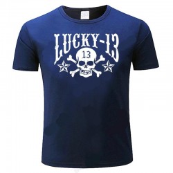Tshirt tête de mort Motard imprimé Lucky 13 - couleur bleu