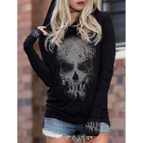 T-shirt Tête de mort gothique à manches longues pour femme
